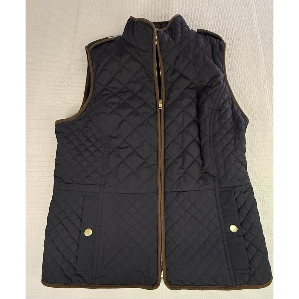 Talbots Vest Womens Medium Navy Blue Quilted Faux Leather Trim Fleece Zip Front
